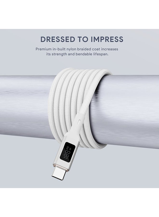 Nylon Braided USB-C To USB-C Cable With LCD Display 1M 100W White