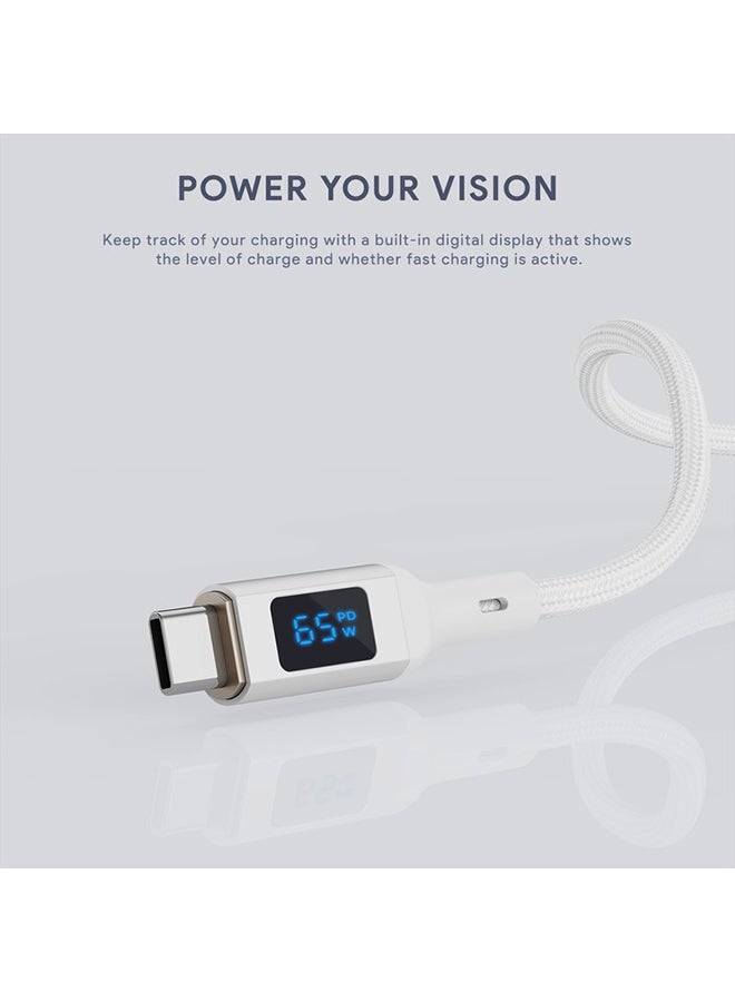 Nylon Braided USB-C To USB-C Cable With LCD Display 1M 100W White