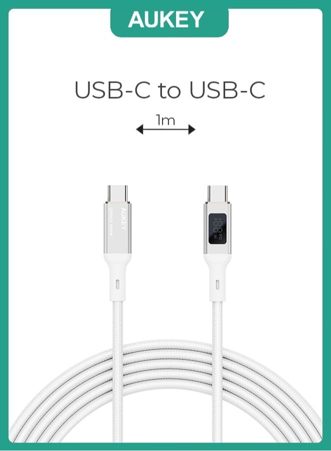 Aukey Nylon Braided USB-C To USB-C Cable With LCD Display 1M 100W White - Image 2
