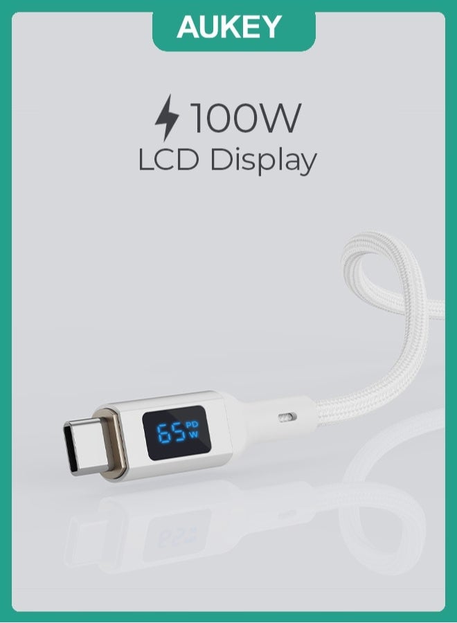 Aukey Nylon Braided USB-C To USB-C Cable With LCD Display 1M 100W White - Image 1
