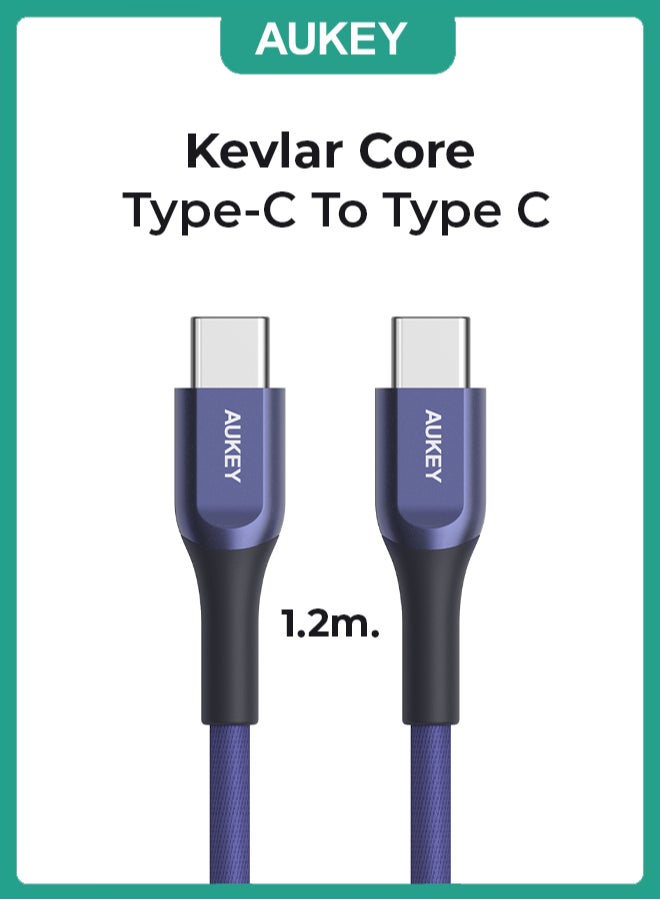 Aukey Kevlar Core USB-C to C Cable 1.2m  Fast charge Cable USB C to USB C For iPhone 16 15 Pro Max iPad mini 6 MacBook Pro Air M3 M2 M1 iPad Pro Samsung S24 S23 Ultra Laptop Lenovo Dell Xiaomi BLUE Blue - Image 1
