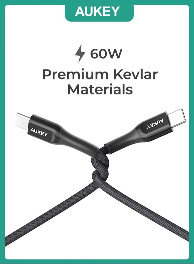 Aukey Kevlar Core USB-C to C Cable 2m  Fast charge Cable USB C to USB C For iPhone 16 15 Pro Max iPad mini 6 MacBook Pro Air M3 M2 M1 iPad Pro Samsung S24 S23 Ultra Laptop Lenovo Dell Xiaomi Black Black - Image 1