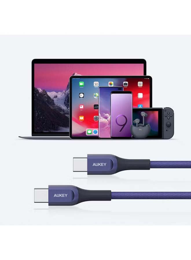 Aukey Kevlar Core USB-C to C Cable 2m  Fast charge Cable USB C to USB C For iPhone 16 15 Pro Max iPad mini 6 MacBook Pro Air M3 M2 M1 iPad Pro Samsung S24 S23 Ultra Laptop Lenovo Dell Xiaomi BLUE Blue - Image 3