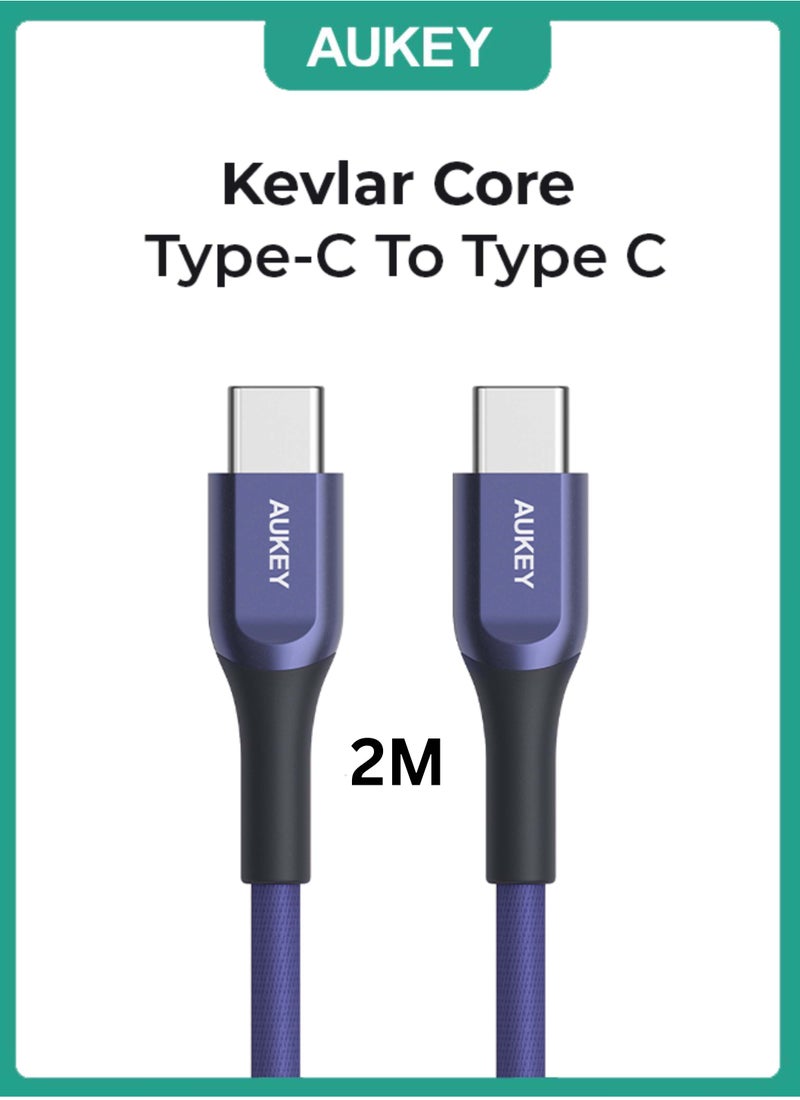 Aukey Kevlar Core USB-C to C Cable 2m  Fast charge Cable USB C to USB C For iPhone 16 15 Pro Max iPad mini 6 MacBook Pro Air M3 M2 M1 iPad Pro Samsung S24 S23 Ultra Laptop Lenovo Dell Xiaomi BLUE Blue - Image 1