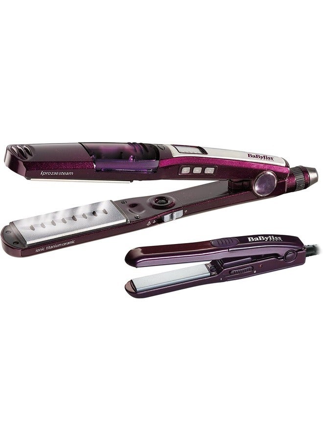 babyliss ST396ALE iPro 230 Steam Wet and Dry Hair Straightener 230C, Titanium Ceramic and Mini Straightener  - Image 1