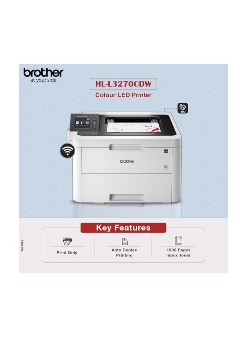 brother HL-3270CDW Colour LED Printer With LCD Touchscreen, Wireless And Network Connectivity, NFC, 2-Sided Printing, Mobile Printing 43.9 x 46.1 x 25.2 cm White  - Image 3