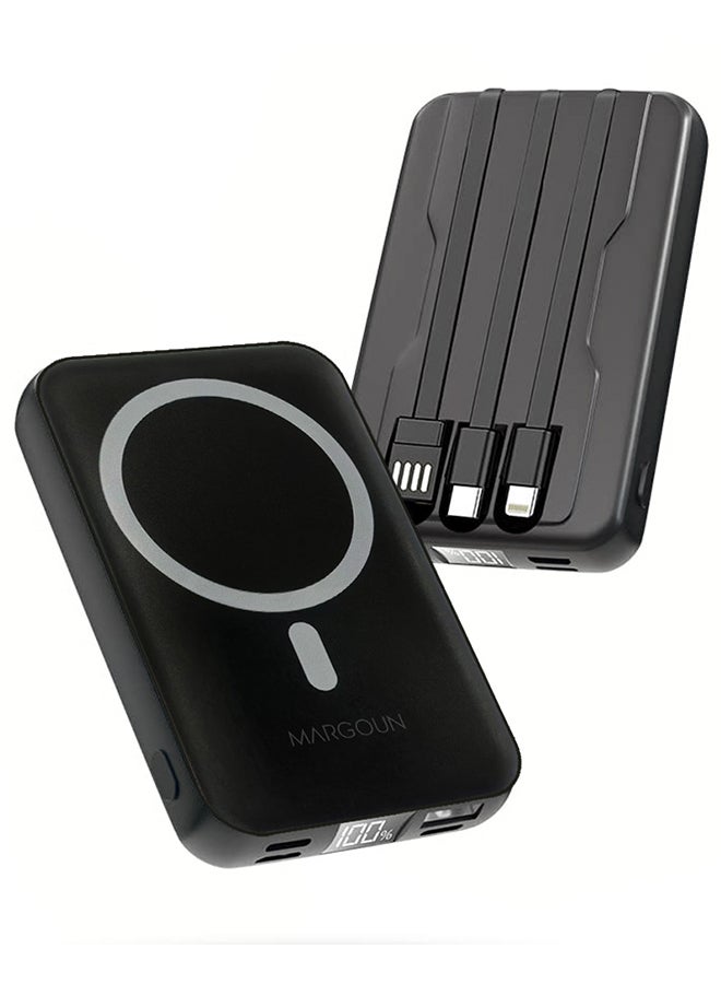 MARGOUN - 10000 mAh Magnetic Battery Pack 10000mAh Wireless Charging Power Bank With Cable Slim Light Weight Wireless Charger LED Indicator Black - Image 1