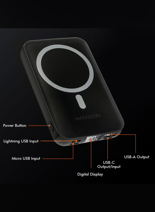 MARGOUN - 10000 mAh Magnetic Battery Pack 10000mAh Wireless Charging Power Bank With Cable Slim Light Weight Wireless Charger LED Indicator Black - Image 1
