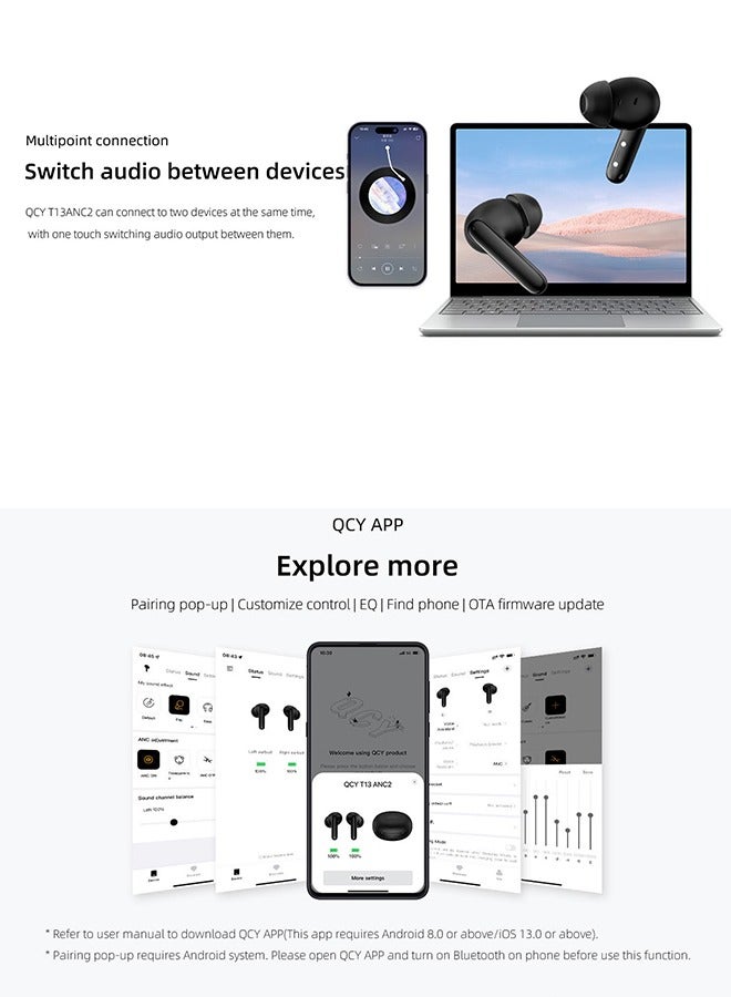 QCY - T13 ANC2 Truly Wireless ANC Earbuds With Noise Cancellation, 30 Hours Long Battery Life, 5.3 Bluetooth Multipoint and Stable Connections Black - Image 1
