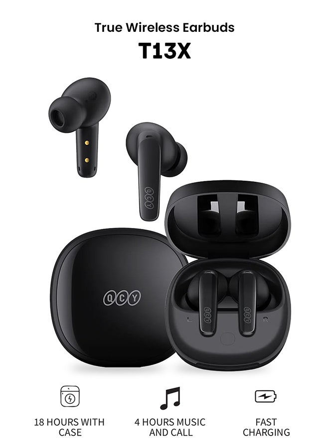QCY - T13X TWS Wireless Earbuds With 5.3 Bluetooth,4 Microphones With ENC Noise Cancellation,Water Resistance,Touch Controls & Long Battery Life Black - Image 1