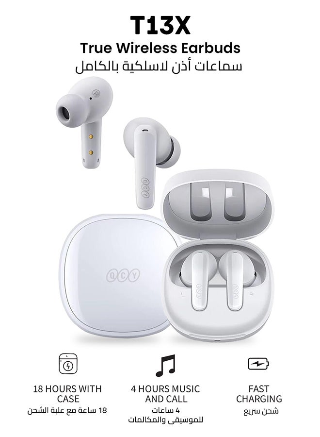كيو سي واي - سماعات أذن لاسلكية T13X TWS مزودة بتقنية البلوتوث 5.3 و4 ميكروفونات مع خاصية إلغاء الضوضاء ENC ومقاومة الماء وأدوات التحكم باللمس وعمر البطارية الطويل باللون الأبيض - Image 1