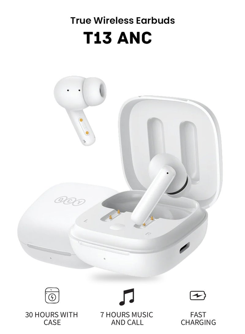 QCY - T13 ANC Earbuds Featuring Active Noise Cancellation Adjustable ANC Levels Transparency Mode, and EQ settings Bluetooth 5.3 IPX5 waterproof WhiTe - Image 1