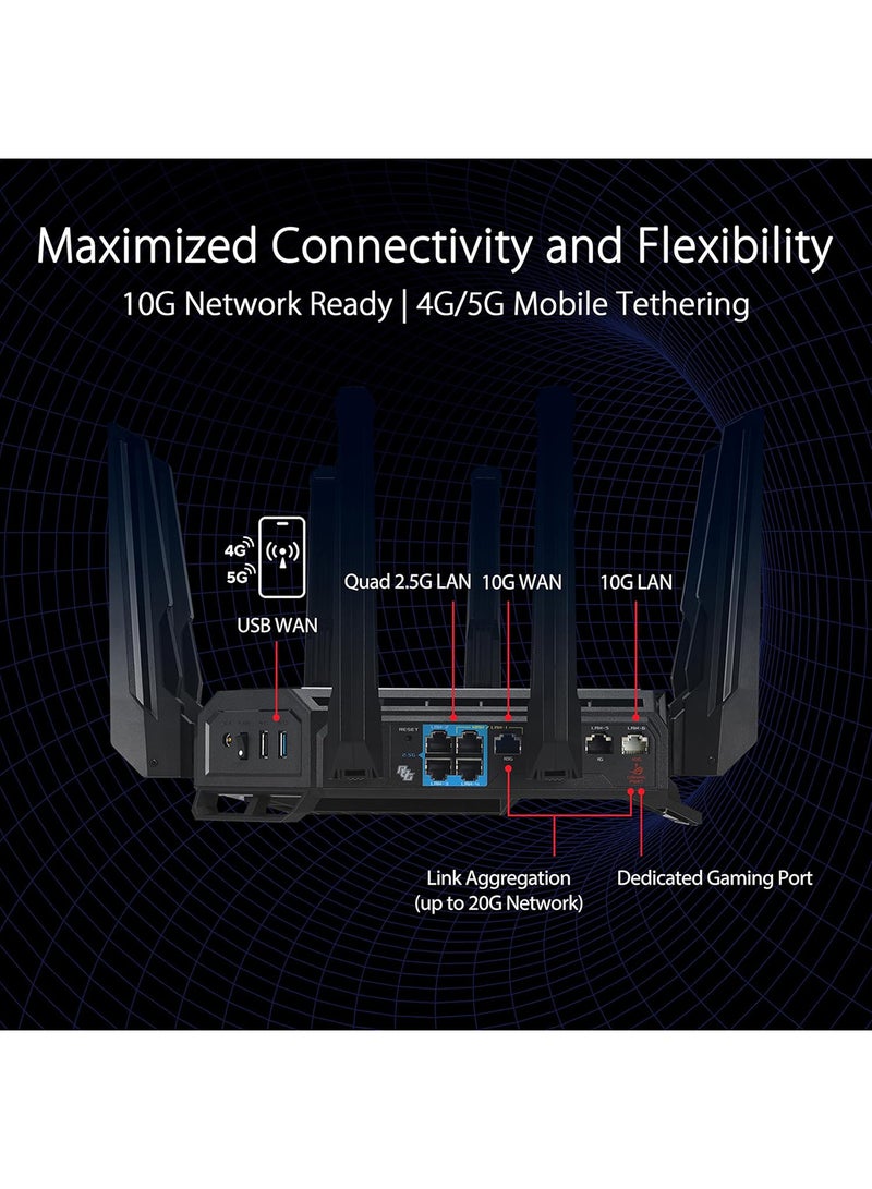 أسوس راوتر الألعاب ROG Rapture GT-BE98 رباعي النطاق WiFi 7، يدعم 320 ميجاهرتز بسرعات تصل إلى 25 جيجابت في الثانية، ومنفذ مزدوج 10 جيجا، ووضع ألعاب الهاتف المحمول، وميزات AiMesh وVPN | 90IG08F0-MO9A0V  - Image 3