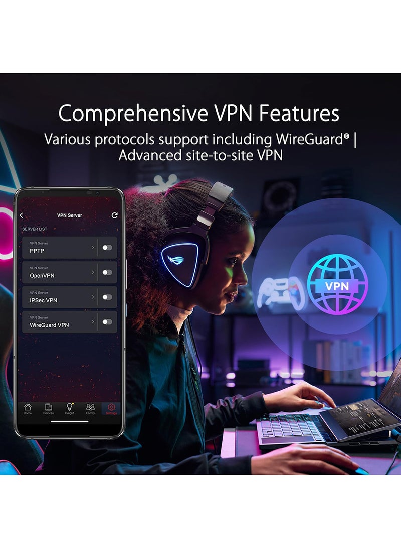 أسوس - راوتر الألعاب ROG Rapture GT-BE98 رباعي النطاق WiFi 7، يدعم 320 ميجاهرتز بسرعات تصل إلى 25 جيجابت في الثانية، ومنفذ مزدوج 10 جيجا، ووضع ألعاب الهاتف المحمول، وميزات AiMesh وVPN | 90IG08F0-MO9A0V - Image 1