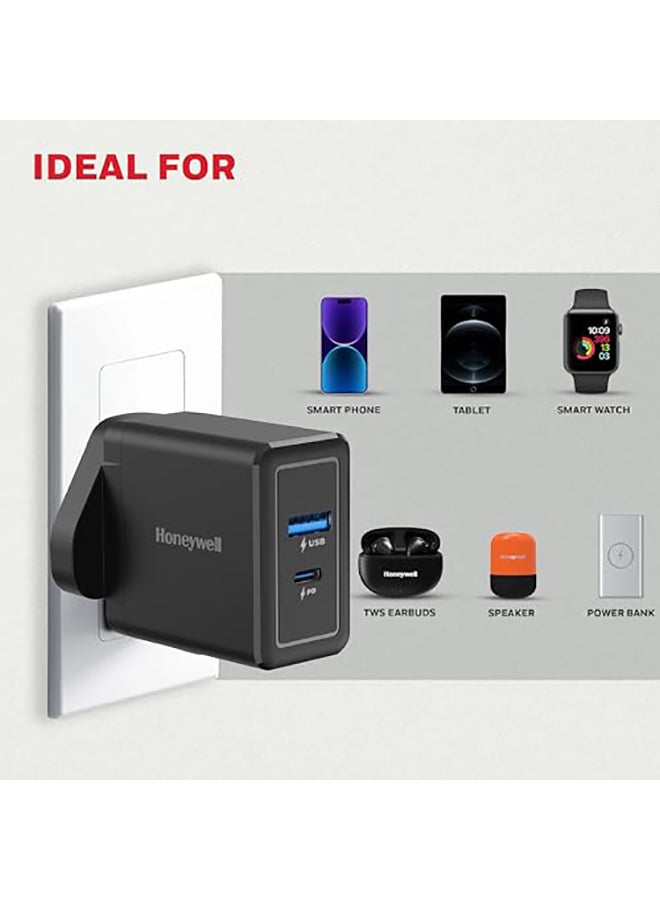 30W Ultrafast Charger With Usbc And Usb Charger For Iphone 16/15/14/13/12/11 Ipad Google Pixel Samsung Galaxy And Oneplus 3 Yrs Manufacturer Warranty Black Black