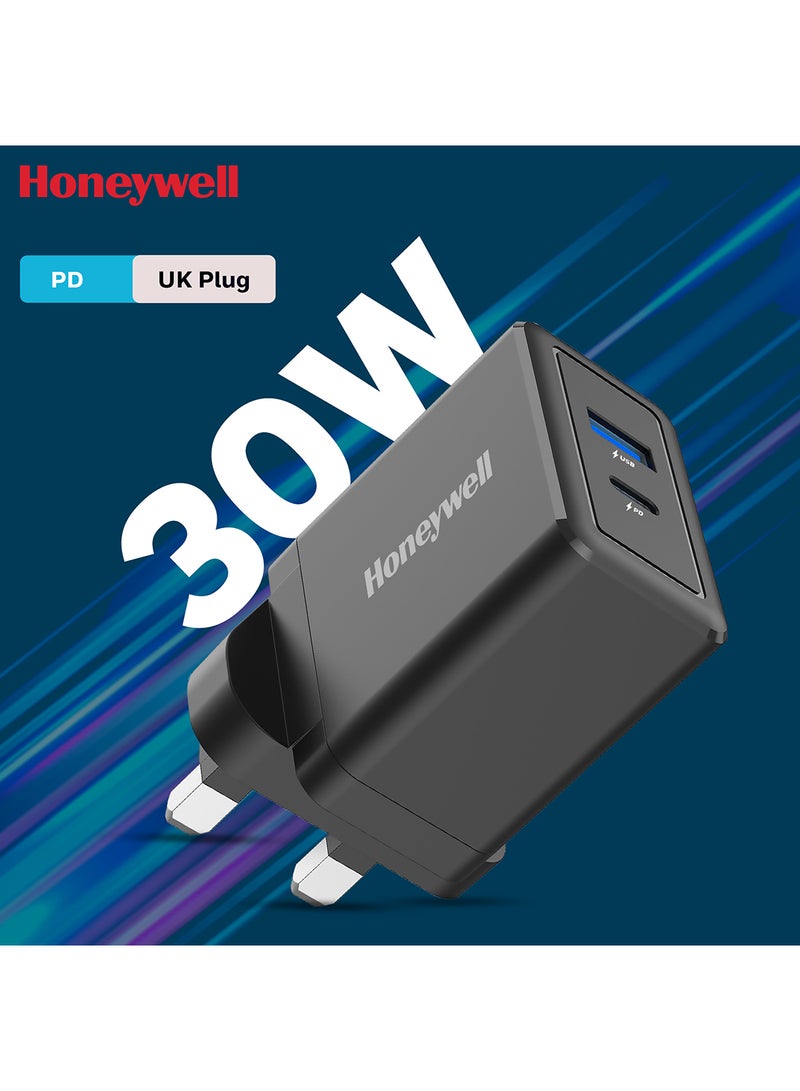 Honeywell 30W Ultrafast Charger With Usbc And Usb Charger For Iphone 16/15/14/13/12/11 Ipad Google Pixel Samsung Galaxy And Oneplus 3 Yrs Manufacturer Warranty Black Black  - Image 1
