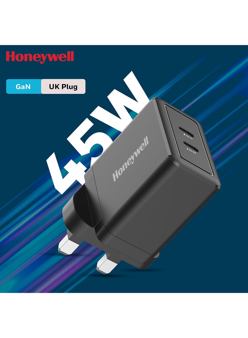 Honeywell Gan 45W Ultrafast Charger With Dual Usbc For Iphone 16/15/14/13/12/11 Ipad Google Pixel Samsung Galaxy And Oneplus 3 Yrs Manufacturer Warranty Black Black - Image 1