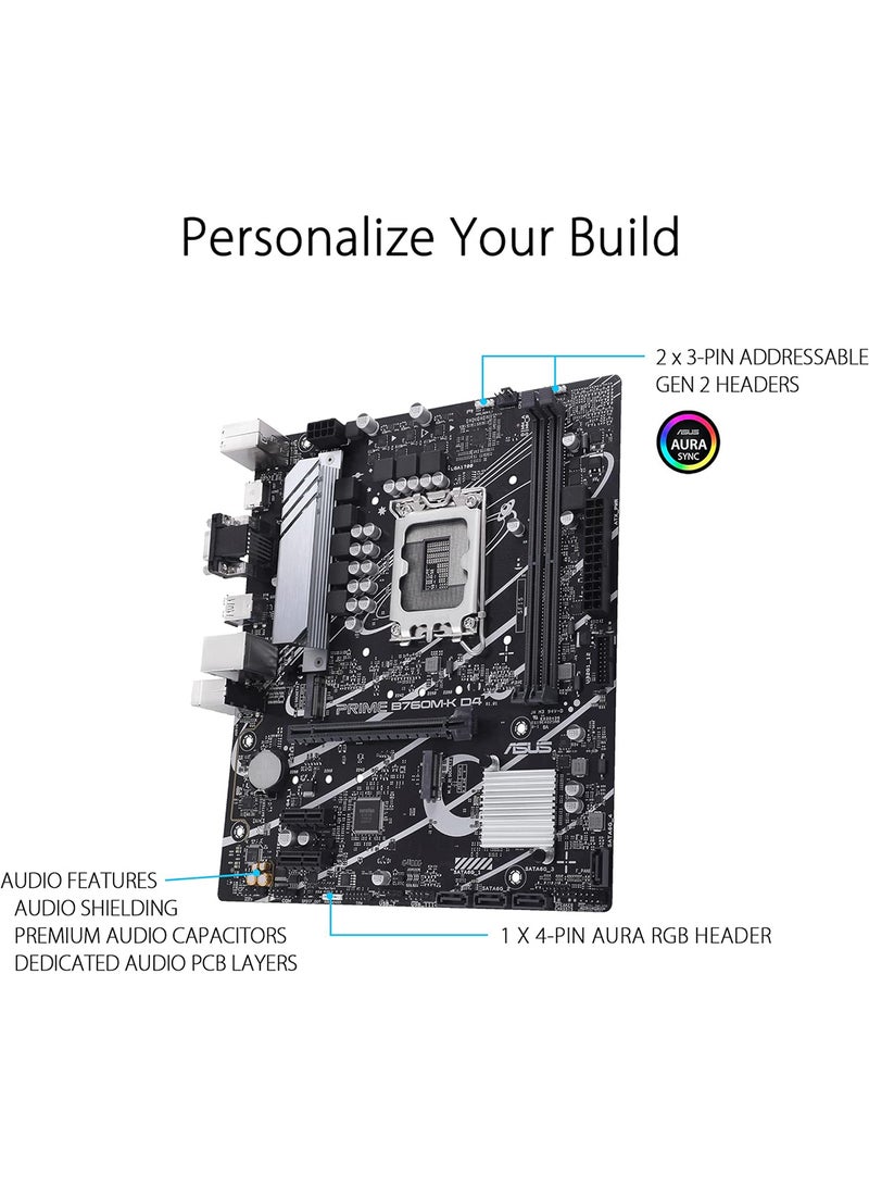 أسوس - اللوحة الأم ASUS Prime B760M-K، Intel B760 LGA 1700 mATX مع PCIe 4.0، وفتحتين PCIe 4.0 M.2، وDDR5، وRealtek 2.5Gb Ethernet، وVGA، وHDMI، وSATA 6 جيجابت في الثانية، ومنفذ USB 3.2 أمامي من الجيل الأول، وAura Sync - أسود أسود - Image 1