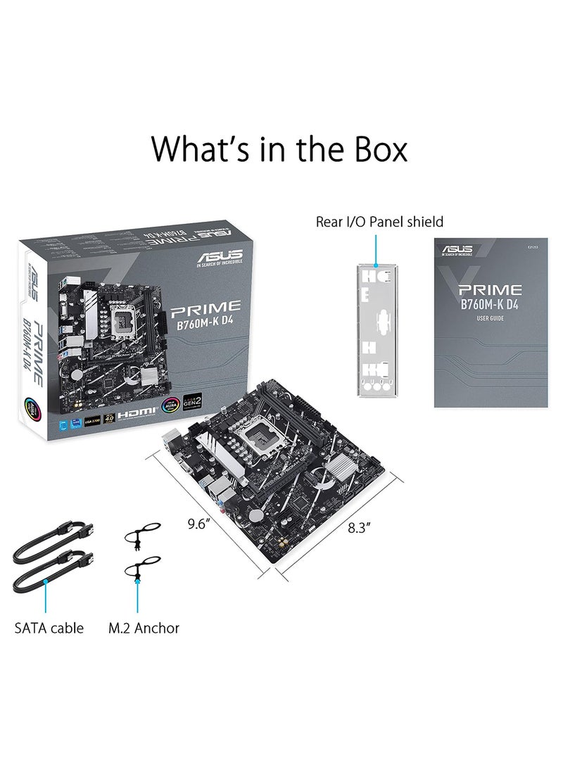 أسوس - اللوحة الأم ASUS Prime B760M-K، Intel B760 LGA 1700 mATX مع PCIe 4.0، وفتحتين PCIe 4.0 M.2، وDDR5، وRealtek 2.5Gb Ethernet، وVGA، وHDMI، وSATA 6 جيجابت في الثانية، ومنفذ USB 3.2 أمامي من الجيل الأول، وAura Sync - أسود أسود - Image 1