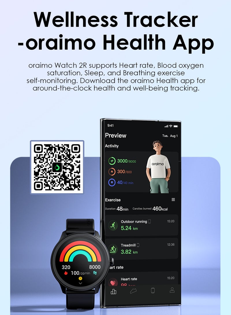 Oraimo - 260 mAh Watch 2R Bluetooth Calling Smart Watch for Men and Women,1.39"HD Smart Fitness Watch with Stepping Meter Heart Rate Monitor,120+ Sports Modes & Quickly Reply SMS Black - Image 1