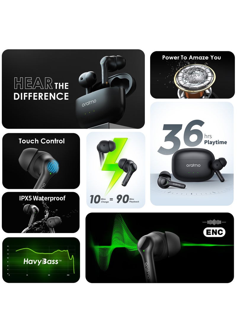 Oraimo - FreePods 3C True Wireless Earbuds Bluetooth Earphone with 4-Mic Call Noise Cancelling,36H Playtime Bluetooth Headphones in-Ear Earbuds with Stereo Bass,Waterproof for Sport Black - Image 1