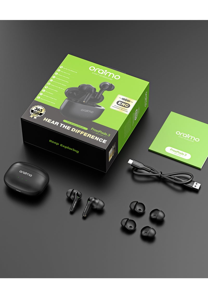 Oraimo - FreePods 3C True Wireless Earbuds Bluetooth Earphone with 4-Mic Call Noise Cancelling,36H Playtime Bluetooth Headphones in-Ear Earbuds with Stereo Bass,Waterproof for Sport Black - Image 1