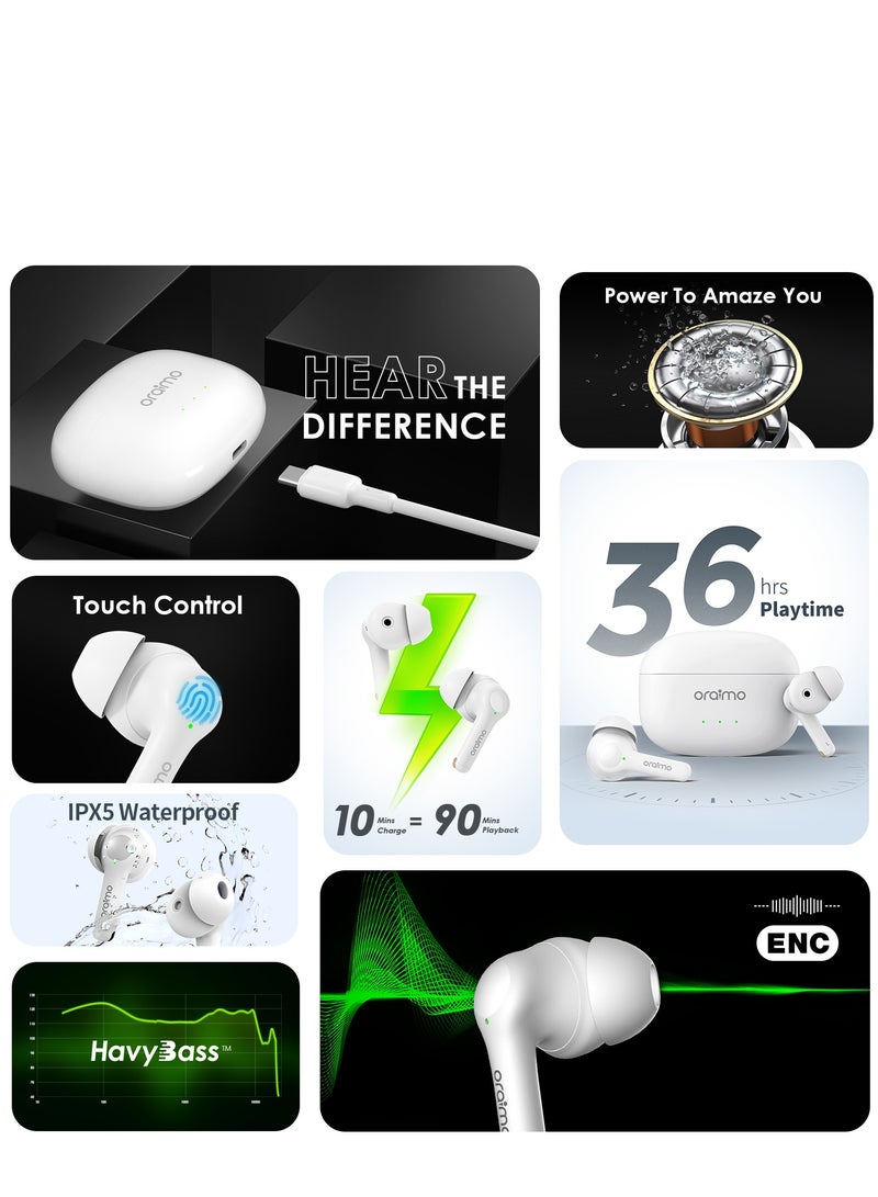 Oraimo FreePods 3C True Wireless Earbuds Bluetooth Earphone with 4-Mic Call Noise Cancelling,36H Playtime Bluetooth Headphones in-Ear Earbuds with Stereo Bass,Waterproof for Sport White - Image 3