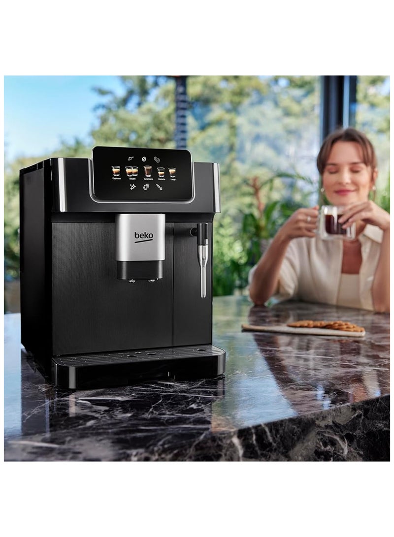 Beko - Bean To Cup Espresso Coffee Machine, Water Tank Capacity, B 19 Bar Pressure, 1350W, 13 Griding Levels, Milk Frother, 5 Preset Coffee Options, LCD Display 2 L CEG7302B ‎Black - Image 1