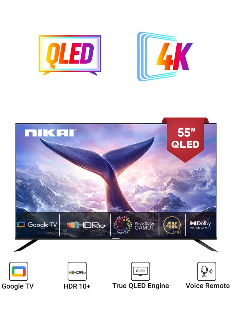 نيكاي تلفزيون Google الذكي Pro 55 بوصة QLED 4K، نظام تشغيل Android TV OS، البحث الصوتي، Youtube، Netflix، Shahid، مجموعة ألوان واسعة، 3860x2160 بكسل، HDR10+، Dolby Atmos، ChromeCast Bulit-In NPROG55QLED أسود  - Image 1