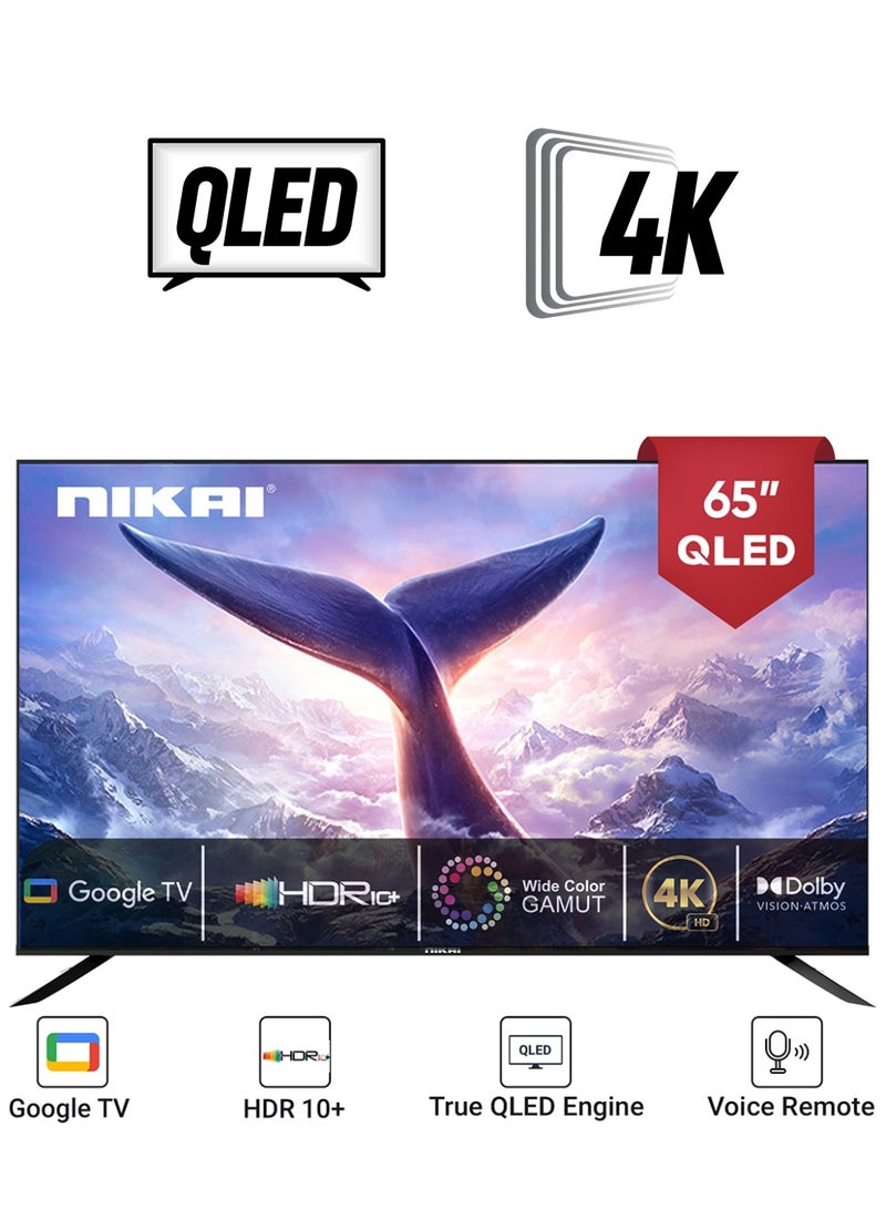 NIKAI - 65 Inch 4K QLED Ultra HD Smart Google TV, Hands Free Voice Control, Game Master, Dolby Vision + Atmos, 4K HDR10+, Effortless Connectivity With Android & Apple Devices NPROG65QLED Black - Image 1