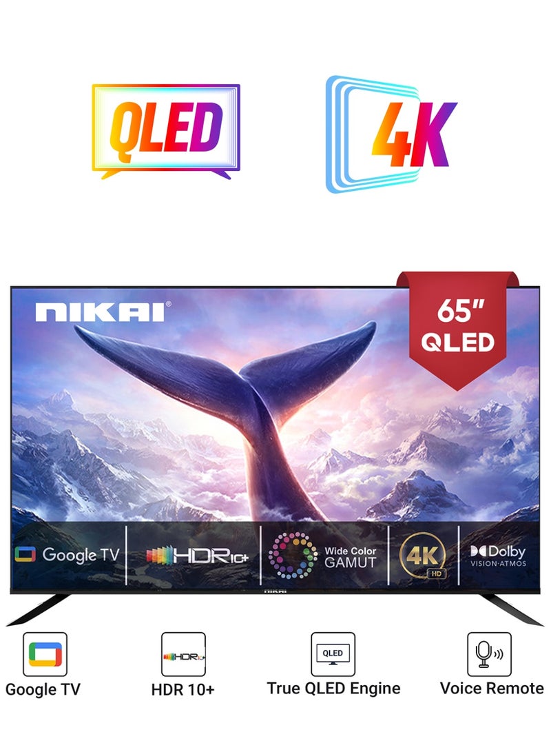 NIKAI 65 Inch 4K QLED Ultra HD Smart Google TV, Hands Free Voice Control, Game Master, Dolby Vision + Atmos, 4K HDR10+, Effortless Connectivity With Android & Apple Devices NPROG65QLED Black  - Image 1
