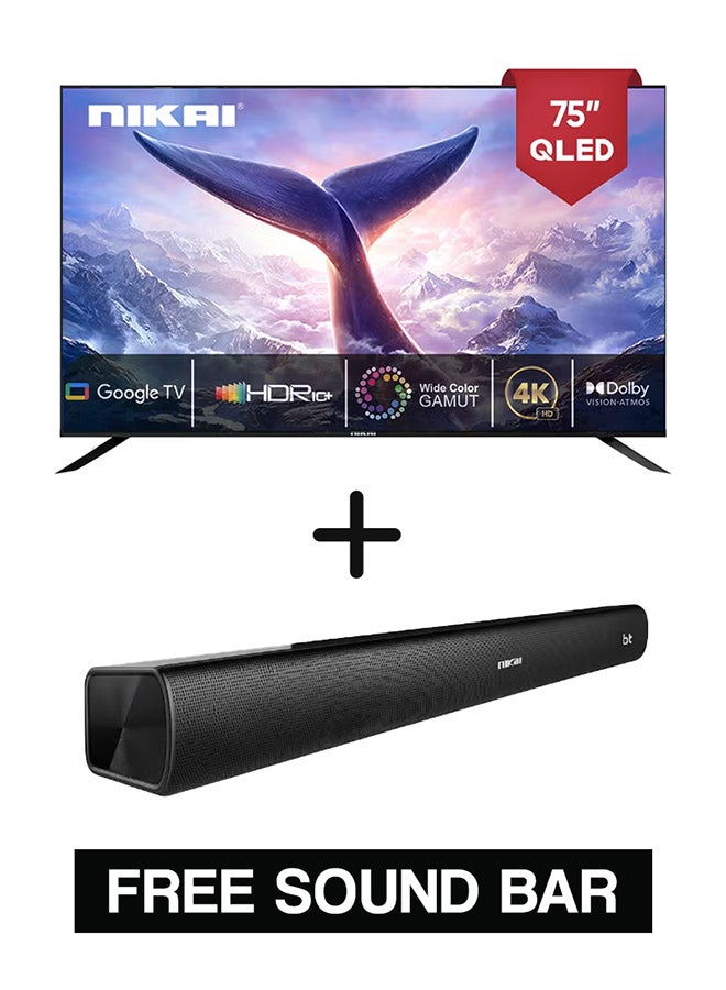 نيكاي تلفزيون Google الذكي Pro 75 بوصة QLED 4K، نظام تشغيل Android TV OS، البحث الصوتي، Youtube، Netflix، Shahid، مجموعة ألوان واسعة، 3860x2160 بكسل، HDR10+، Dolby Atmos، ChromeCast Bulit-In NPROG75QLED أسود - Image 1