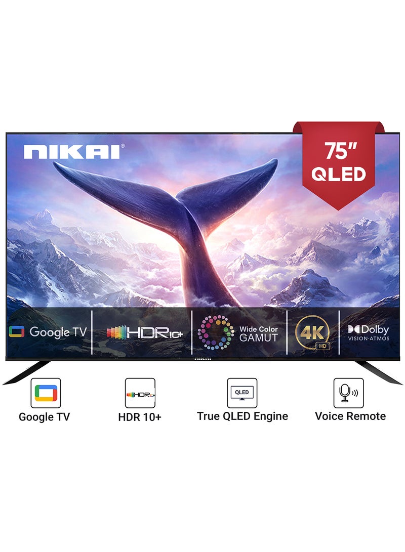 نيكاي تلفزيون Google الذكي Pro 75 بوصة QLED 4K، نظام تشغيل Android TV OS، البحث الصوتي، Youtube، Netflix، Shahid، مجموعة ألوان واسعة، 3860x2160 بكسل، HDR10+، Dolby Atmos، ChromeCast Bulit-In NPROG75QLED أسود - Image 1