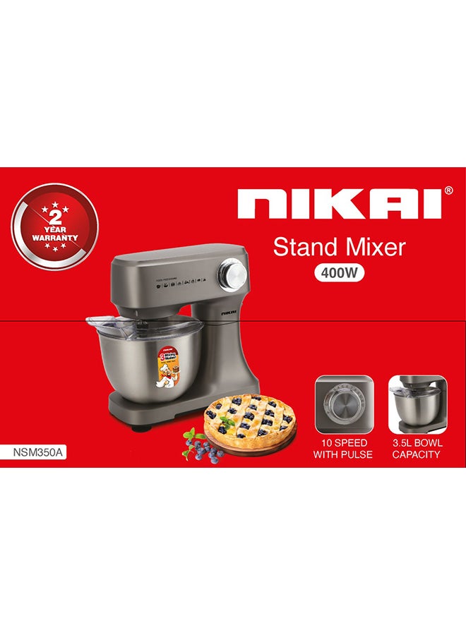 نيكاي خلاط بحامل ذو 10 سرعات مع خطاف للنبض والعجين/مضارب/مخفق سعة 3.5 لتر و400 وات NSM350A رمادي - Image 3