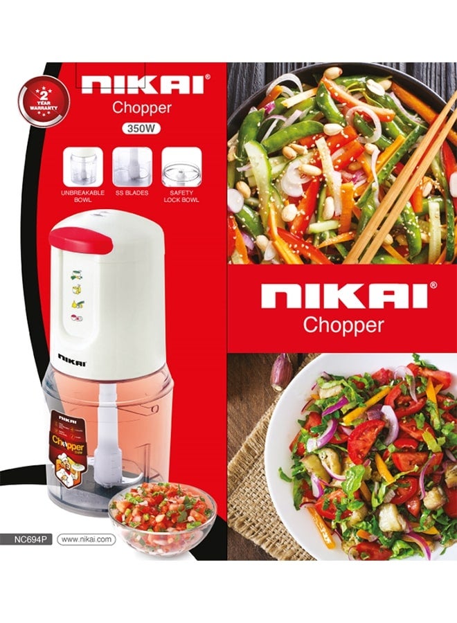 NIKAI 2-Speed Chopper With Unbreakable Bowl Stainless Steel Blades And Safety Lock 500 ml 350 W NC694P White  - Image 2