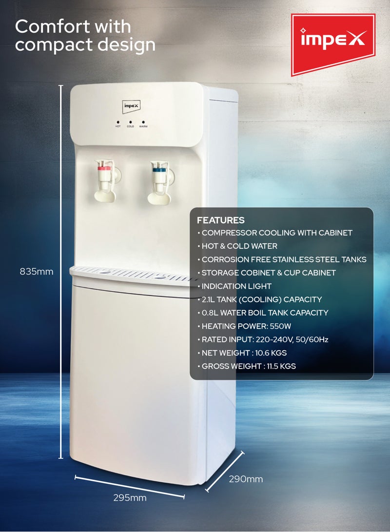 Impex - Water Dispenser 2 Taps Hot And Cold Stainless Steel Tank Compressor Cooling System WD 3904B White - Image 1
