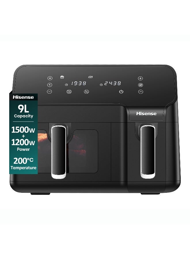 هايسنس مقلاة هوائية بسلة مزدوجة سعة 9 لتر، مقلاة هوائية، قوائم محددة مسبقًا، دوران 360 درجة، شاشة LED، منطقة طهي مزدوجة، سلة مرئية - Image 1
