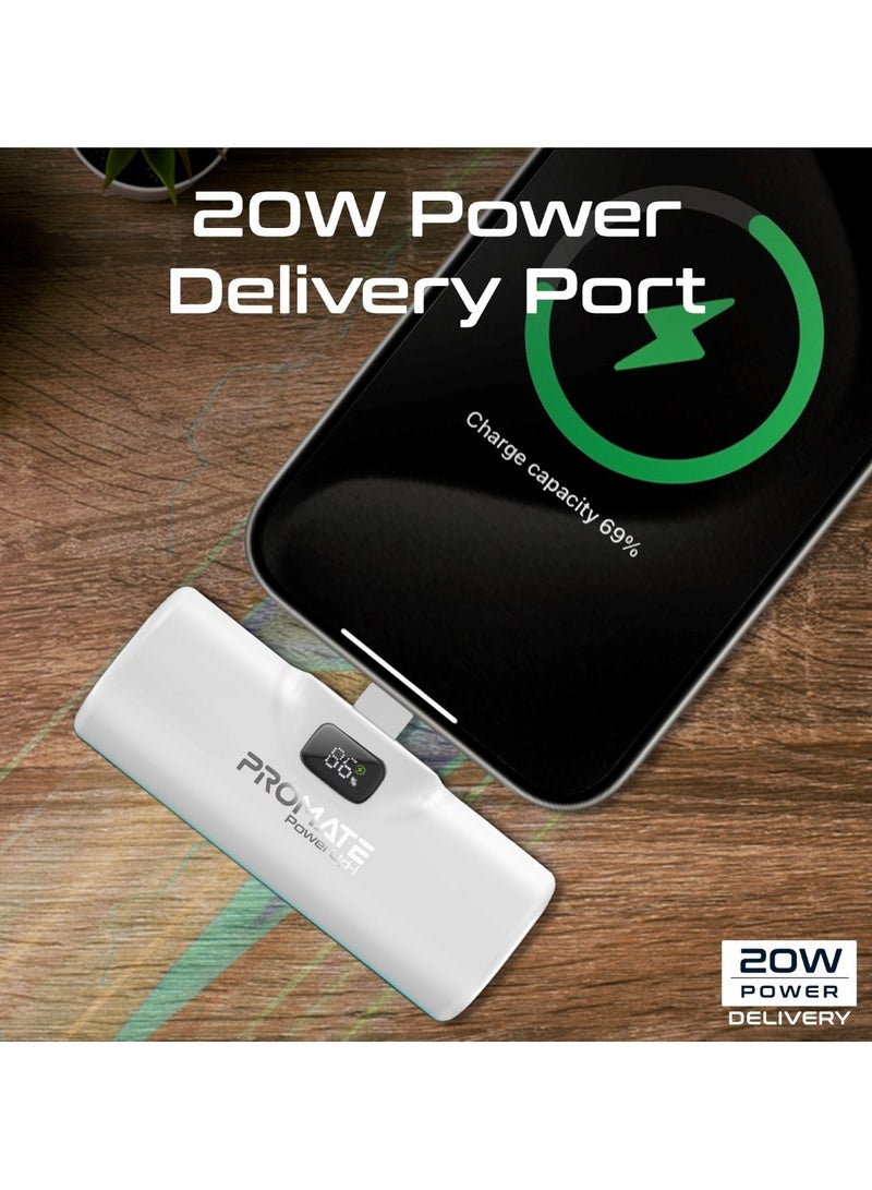 PROMATE - 5000 mAh 5000 mAh Power Bank Ultra-compact Portable Charger With Built-In 20W Foldable Lightning Connecter, 20W Usb-c Power Delivery Port, Led Screen And Foldable Kickstand For iPhone 16/14/13/12, Powerup-I - White - Image 1
