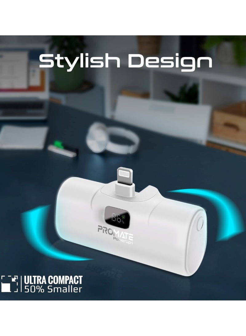 PROMATE - 5000 mAh 5000 mAh Power Bank Ultra-compact Portable Charger With Built-In 20W Foldable Lightning Connecter, 20W Usb-c Power Delivery Port, Led Screen And Foldable Kickstand For iPhone 16/14/13/12, Powerup-I - White - Image 1