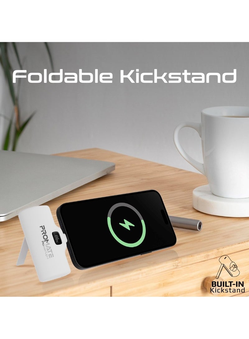PROMATE - 5000 mAh 5000 mAh Power Bank Ultra-compact Portable Charger With Built-In 20W Foldable Lightning Connecter, 20W Usb-c Power Delivery Port, Led Screen And Foldable Kickstand For iPhone 16/14/13/12, Powerup-I - White - Image 1
