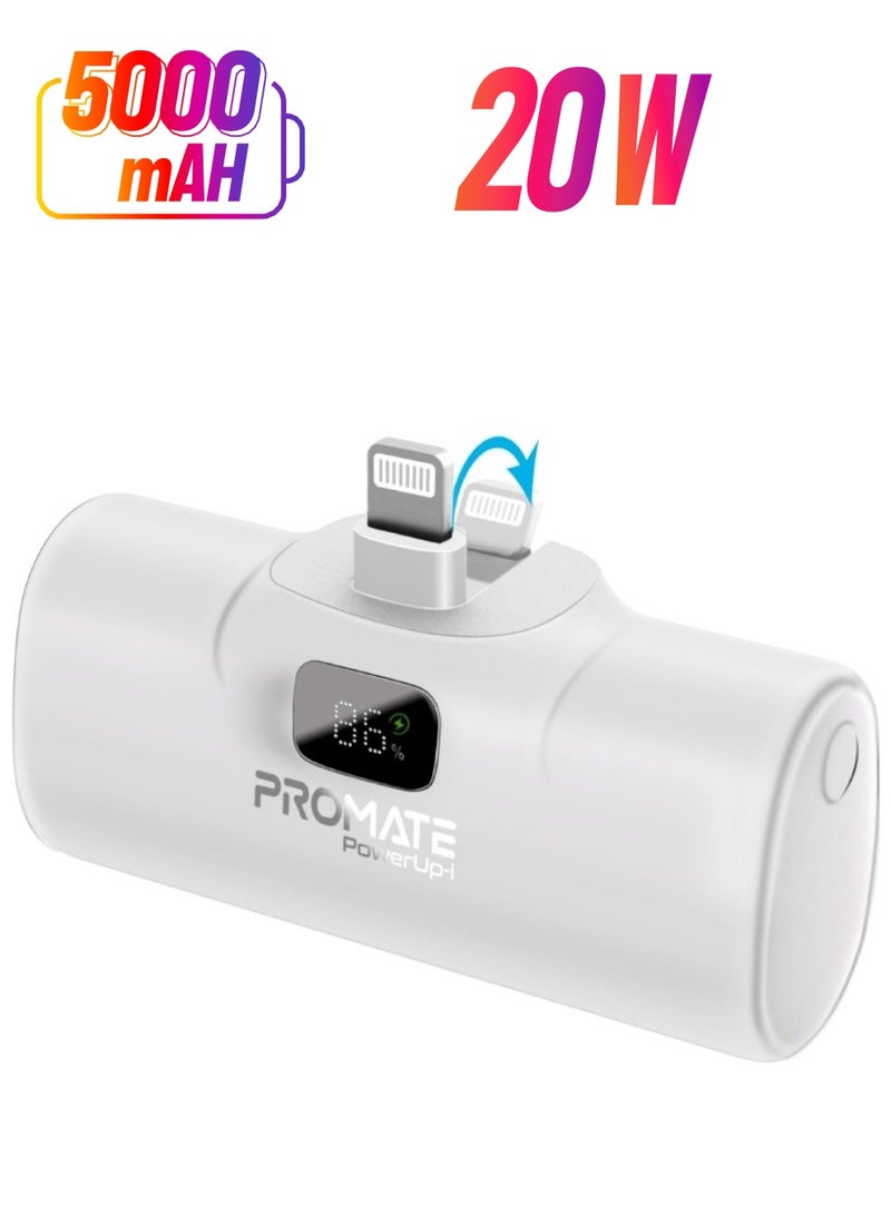 PROMATE - 5000 mAh 5000 mAh Power Bank Ultra-compact Portable Charger With Built-In 20W Foldable Lightning Connecter, 20W Usb-c Power Delivery Port, Led Screen And Foldable Kickstand For iPhone 16/14/13/12, Powerup-I - White - Image 1