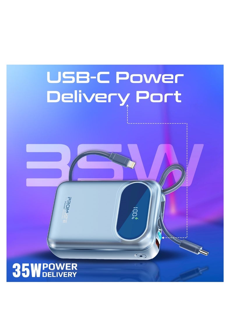 PROMATE - 22.5 mAh 22.5 mAh Power Bank, Universal 20000Mah Ultra-compact Portable Charger, 27W Lightning Cables, Built-In 35W Usb-C Power Delivery, 22.5W Usb-A QC 3.0 Port For iPhone 16, Galaxy S25, Powerpod-20 - Blue - Image 1