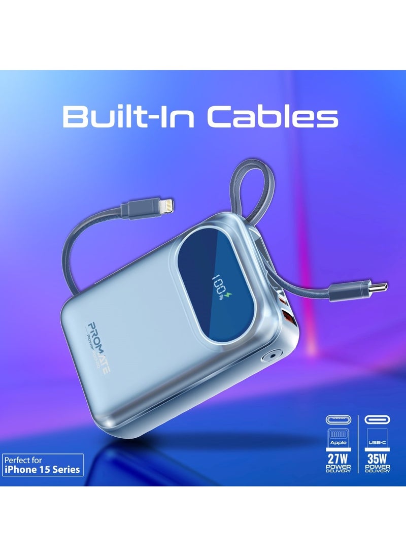 PROMATE - 22.5 mAh 22.5 mAh Power Bank, Universal 20000Mah Ultra-compact Portable Charger, 27W Lightning Cables, Built-In 35W Usb-C Power Delivery, 22.5W Usb-A QC 3.0 Port For iPhone 16, Galaxy S25, Powerpod-20 - Blue - Image 1