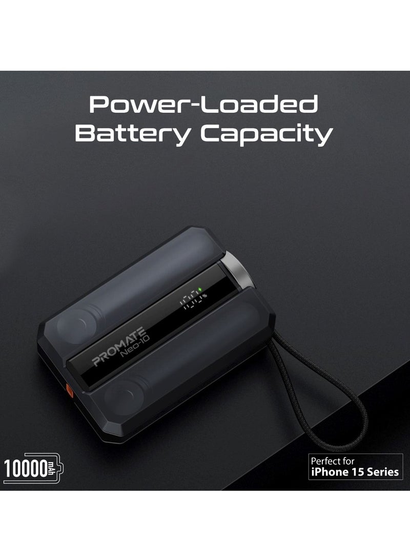 PROMATE 10000 mAh 10000 mAh Universal 10000Mah Ultra-Compact Portable Power Pack With Built-in 30W USB-C Cable, USB-C Power Delivery Port, Apple Watch Charger, Led Display And Charge Protection For iPhone 16,Neo-10 - Black  - Image 2