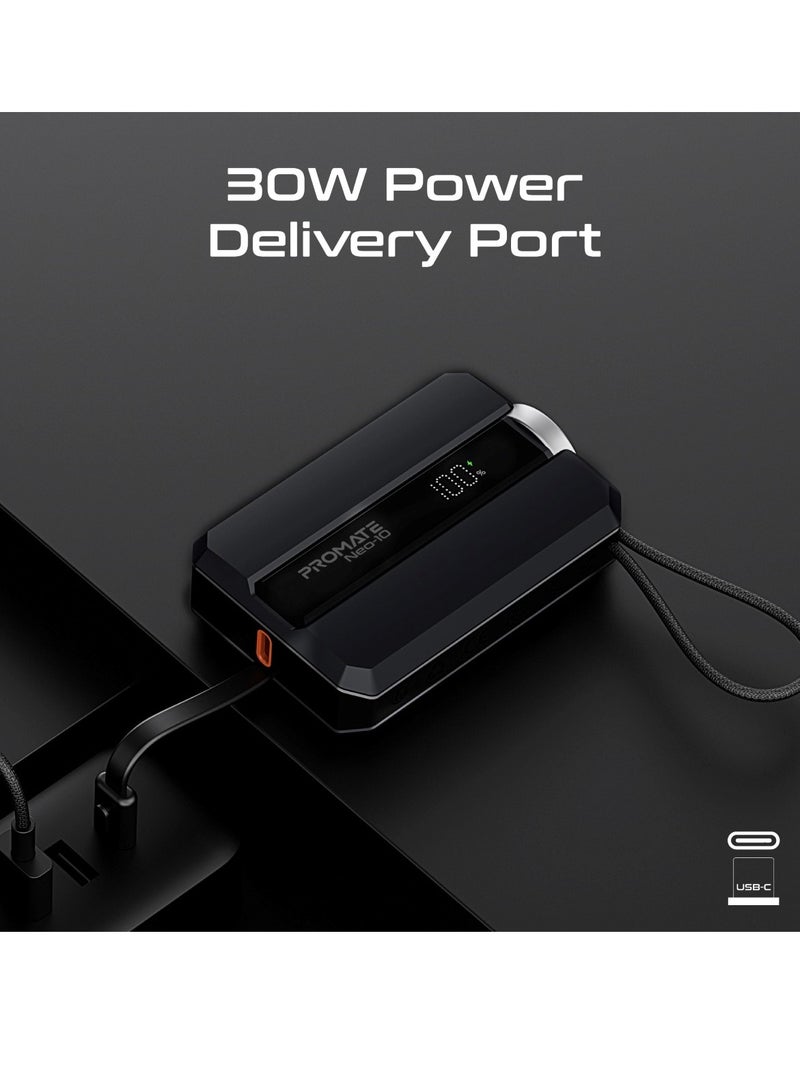 PROMATE 10000 mAh 10000 mAh Universal 10000Mah Ultra-Compact Portable Power Pack With Built-in 30W USB-C Cable, USB-C Power Delivery Port, Apple Watch Charger, Led Display And Charge Protection For iPhone 16,Neo-10 - Black  - Image 4