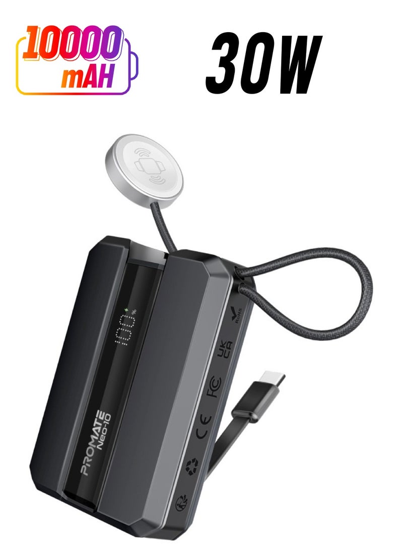 PROMATE 10000 mAh 10000 mAh Universal 10000Mah Ultra-Compact Portable Power Pack With Built-in 30W USB-C Cable, USB-C Power Delivery Port, Apple Watch Charger, Led Display And Charge Protection For iPhone 16,Neo-10 - Black  - Image 1