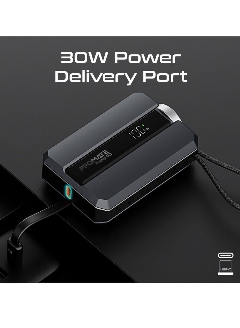 PROMATE - 10000 mAh 10000 mAh Universal 10000Mah Ultra-compact Portable Power Pack With Built-In 30W Usb-C Cable, Usb-C Power Delivery Port, Apple Watch Charger, Led Display And Charge Protection For iPhone 16, Neo-10 - Grey - Image 1