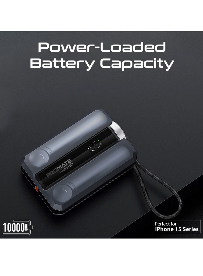 PROMATE - 10000 mAh 10000 mAh Universal 10000Mah Ultra-compact Portable Power Pack With Built-In 30W Usb-C Cable, Usb-C Power Delivery Port, Apple Watch Charger, Led Display And Charge Protection For iPhone 16, Neo-10 - Grey - Image 1