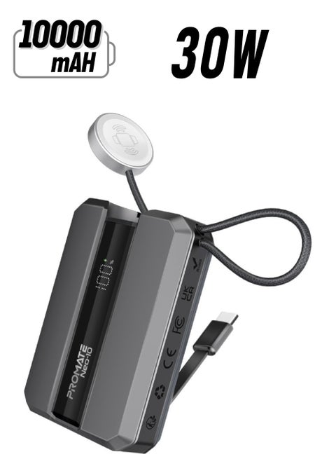 10000 mAh 10000 mAh Universal 10000Mah Ultra-compact Portable Power Pack With Built-In 30W Usb-C Cable, Usb-C Power Delivery Port, Apple Watch Charger, Led Display And Charge Protection For iPhone 16, Neo-10 - Grey