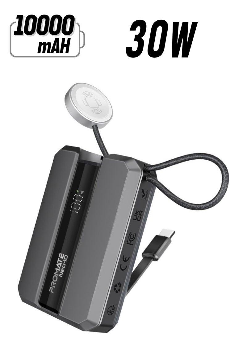 PROMATE - 10000 mAh 10000 mAh Universal 10000Mah Ultra-compact Portable Power Pack With Built-In 30W Usb-C Cable, Usb-C Power Delivery Port, Apple Watch Charger, Led Display And Charge Protection For iPhone 16, Neo-10 - Grey - Image 1